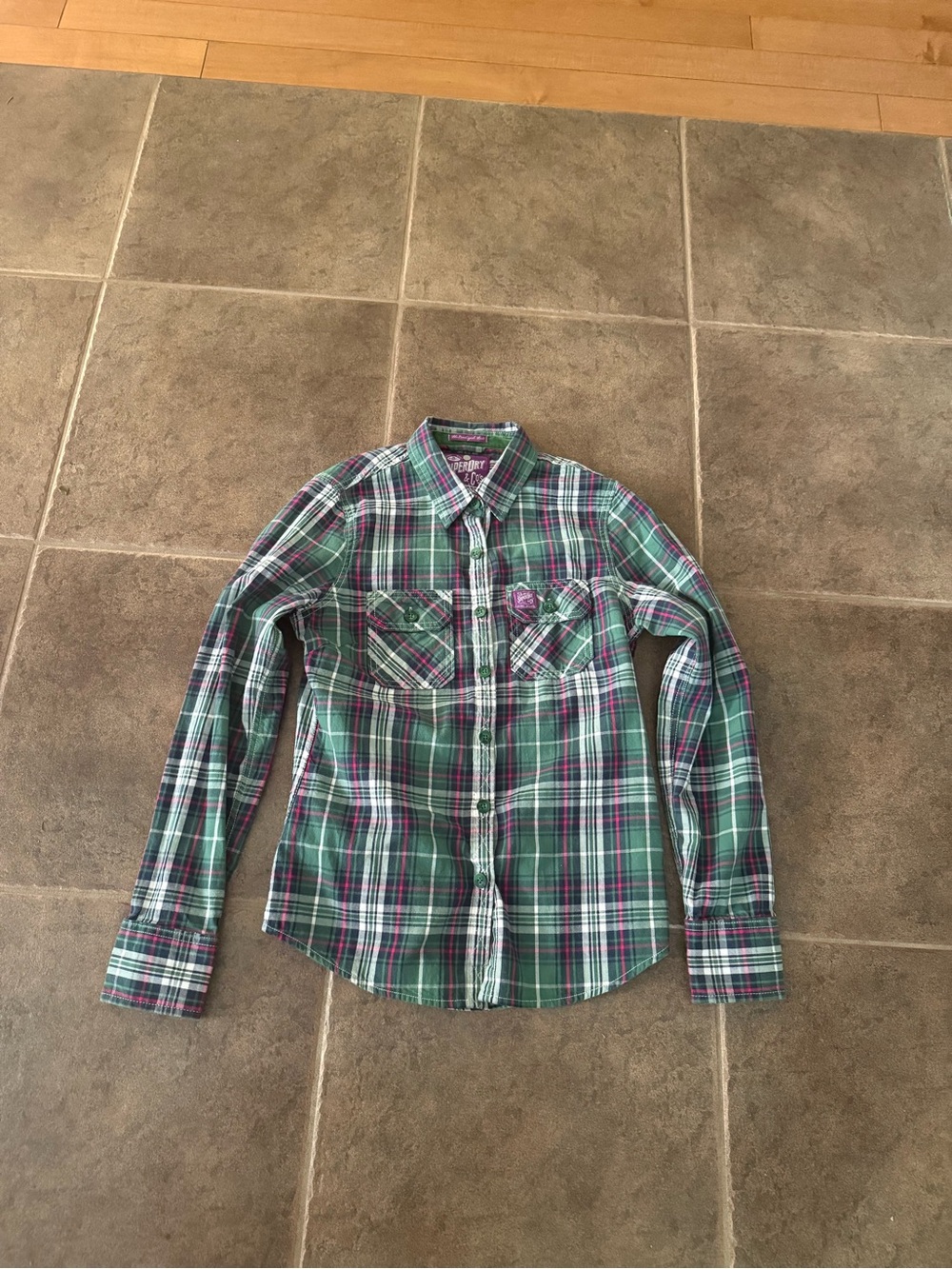 Superdry Green Plaid Button-Down Shirt with Purple Accents